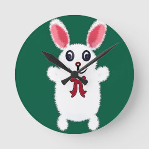 Cute Fluffy White Bunny Rabbit with Red Bow - Chri Round Clock