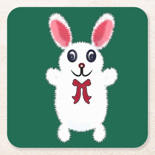 Cute Fluffy White Bunny Rabbit with Red Bow - Chri Square Paper Coaster (Front)