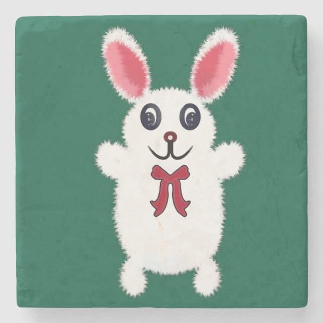 Cute Fluffy White Bunny Rabbit with Red Bow - Chri Stone Coaster (Front)