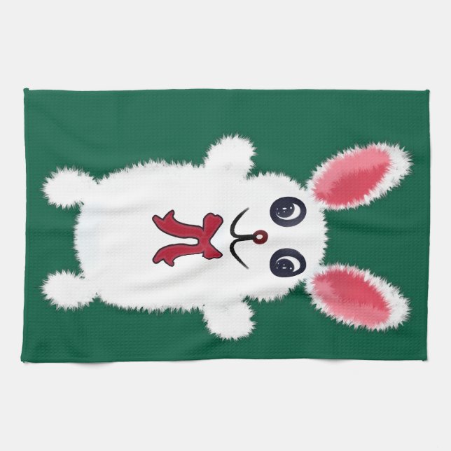 Cute Fluffy White Bunny Rabbit with Red Bow - Chri Tea Towel (Horizontal)
