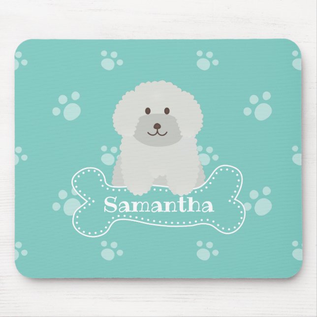 Cute Fluffy White Poodle Puppy Dog Lover Monogram Mouse Pad (Front)