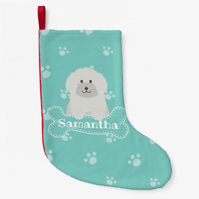 Cute Fluffy White Poodle Puppy Dog Lover Monogram Small Christmas Stocking (Front)