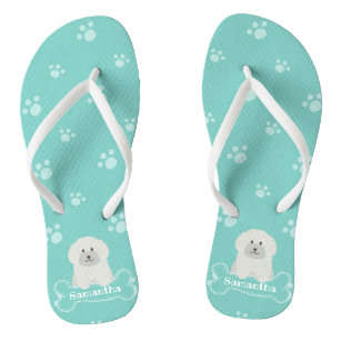 Cute Fluffy White Poodle Puppy Dog Lover Monogram Thongs