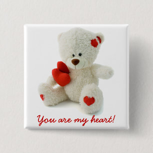 Cute Fluffy White Teddy Bear With a Heart 15 Cm Square Badge