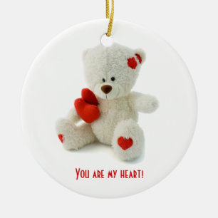 Cute Fluffy White Teddy Bear With a Heart Ceramic Ornament