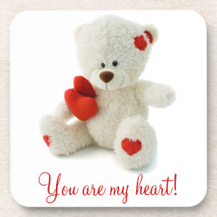 Cute Fluffy White Teddy Bear With a Heart Coaster