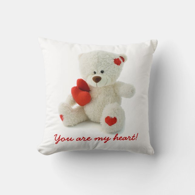 Cute Fluffy White Teddy Bear With a Heart Cushion (Front)