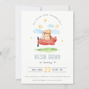 Cute Fly Over Teddy Bear Animal Plane Birthday Invitation