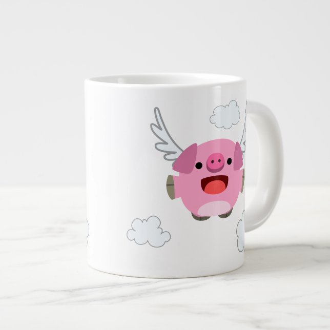 Cute Flying Cartoon Pig Large Coffee Mug (Front Right)