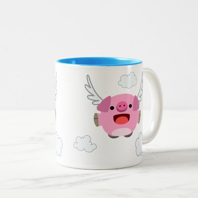 Cute Flying Cartoon Pig Two-Tone Coffee Mug (Front Right)