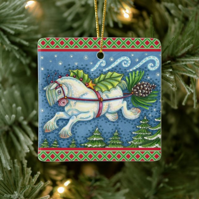 CUTE FLYING CHRISTMAS PONY PULLING PINECONE SLEIGH CERAMIC ORNAMENT (Tree)