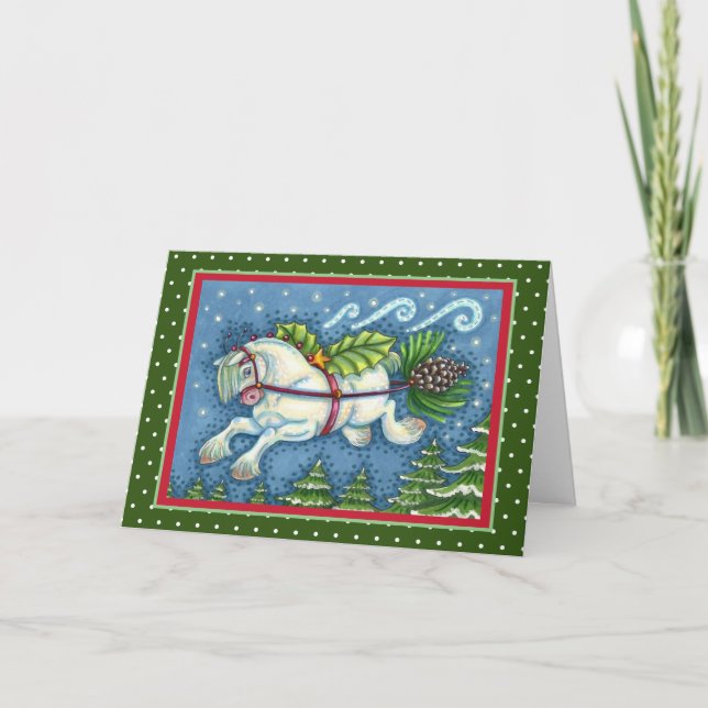 CUTE FLYING CHRISTMAS PONY PULLING PINECONE SLEIGH HOLIDAY CARD (Front)