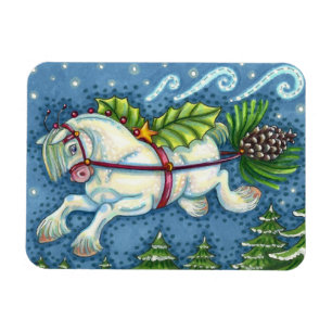 CUTE FLYING CHRISTMAS PONY PULLING PINECONE SLEIGH MAGNET