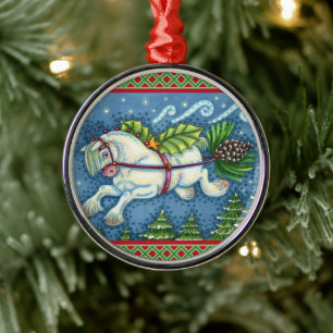 CUTE FLYING CHRISTMAS PONY PULLING PINECONE SLEIGH METAL ORNAMENT