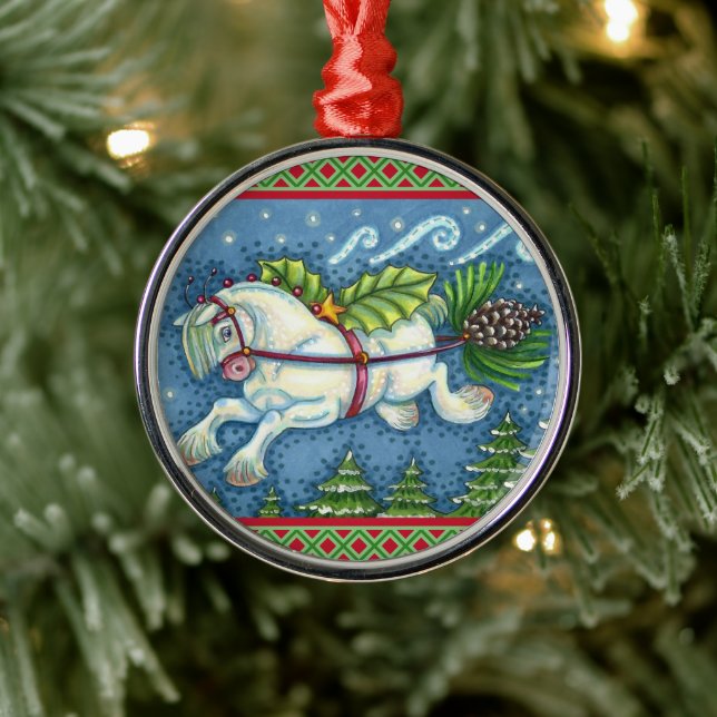 CUTE FLYING CHRISTMAS PONY PULLING PINECONE SLEIGH METAL ORNAMENT (Tree)
