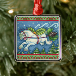CUTE FLYING CHRISTMAS PONY PULLING PINECONE SLEIGH METAL ORNAMENT