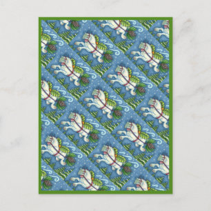 CUTE FLYING CHRISTMAS PONY PULLING PINECONE SLEIGH POSTCARD