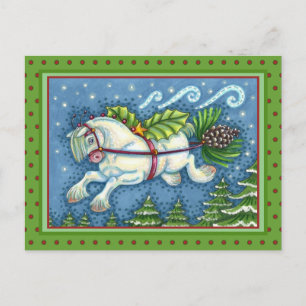 CUTE FLYING CHRISTMAS PONY PULLING PINECONE SLEIGH POSTCARD
