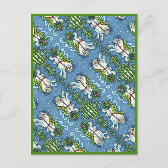 CUTE FLYING CHRISTMAS PONY PULLING PINECONE SLEIGH POSTCARD (Front)