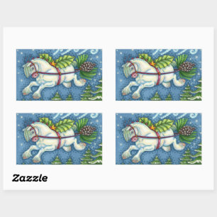 CUTE FLYING CHRISTMAS PONY PULLING PINECONE SLEIGH RECTANGULAR STICKER