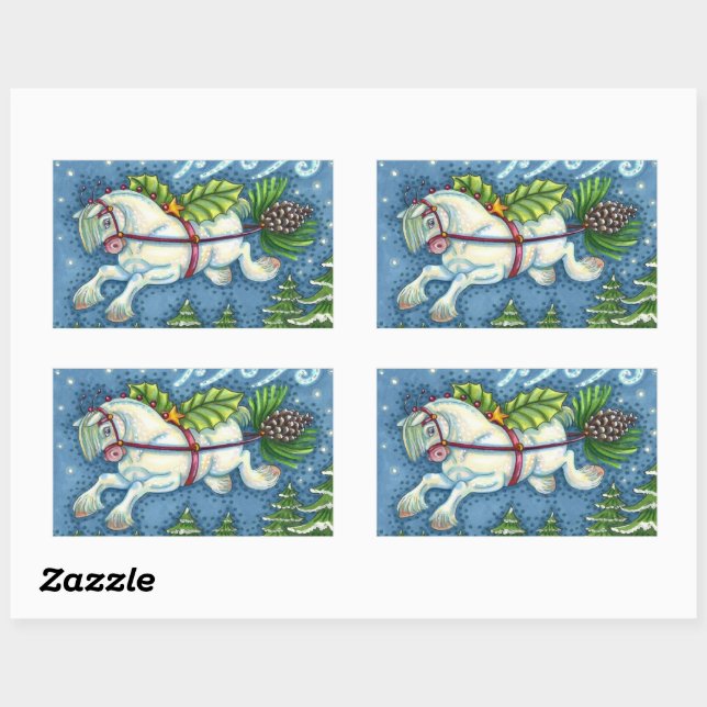 CUTE FLYING CHRISTMAS PONY PULLING PINECONE SLEIGH RECTANGULAR STICKER (Sheet)
