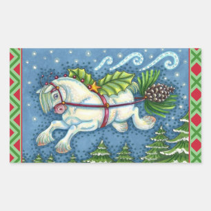 CUTE FLYING CHRISTMAS PONY PULLING PINECONE SLEIGH RECTANGULAR STICKER