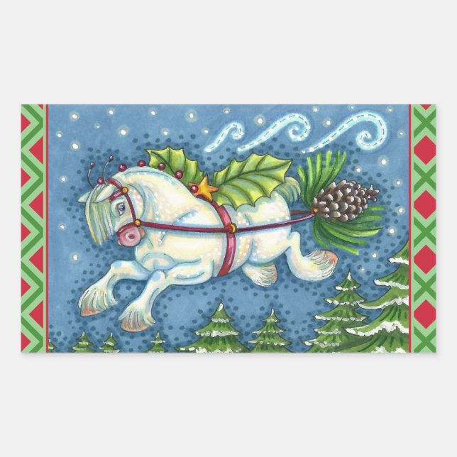 CUTE FLYING CHRISTMAS PONY PULLING PINECONE SLEIGH RECTANGULAR STICKER (Front)