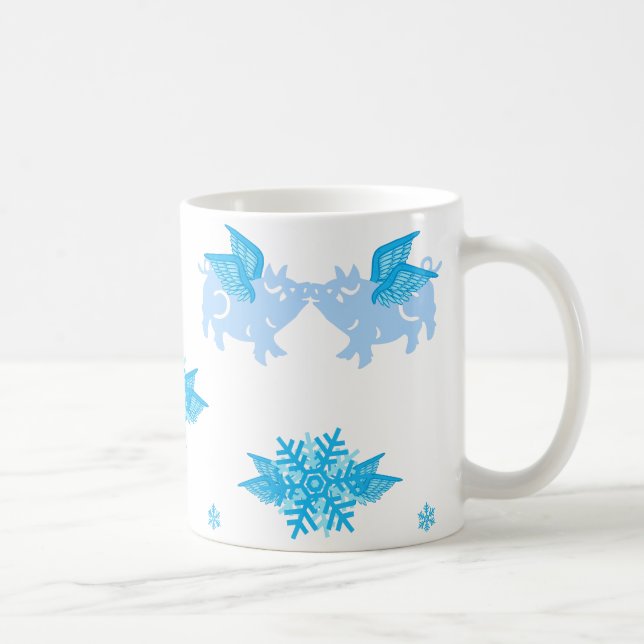 Cute Flying  Kissing Winged Blue  Pigs Snowflakes Coffee Mug (Right)