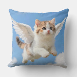 Cute Flying Kitten Calico Tabby Blue Sky Cushion