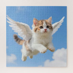 Cute Flying Kitten Calico Tabby Blue Sky Jigsaw Puzzle