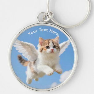Cute Flying Kitten Calico Tabby Blue Sky Key Ring