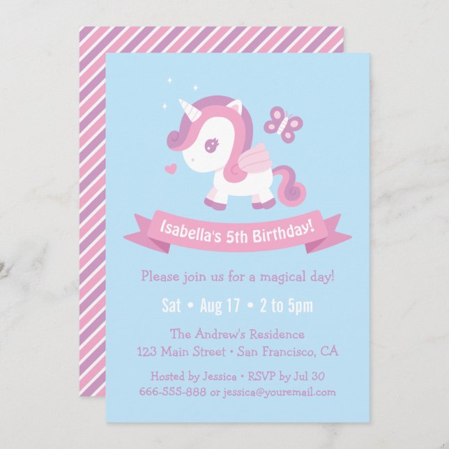 Cute Flying Magical Unicorn Girls Birthday Invitation (Front/Back)