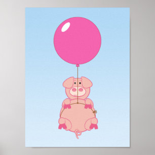 Cute Flying Pig and Balloon Poster