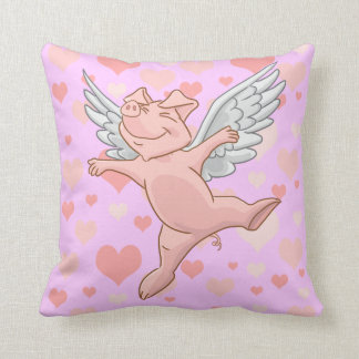 Cute Flying Pig and Pink Hearts Cushion