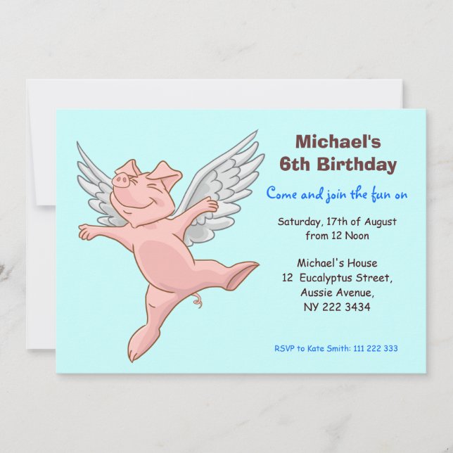 Cute Flying Pig Birthday Party Invitation (Front)