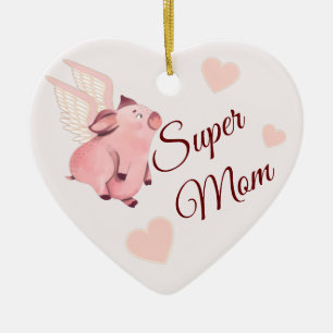 Cute flying pig   Super Mum   Pink Hearts Ceramic Ornament