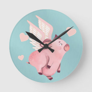 Cute Flying Pig with Wings When Pigs Fly Teal Round Clock