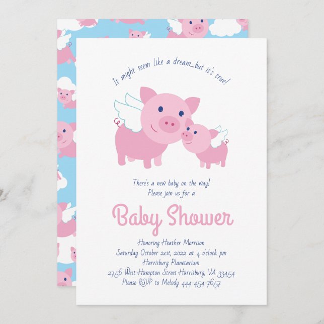 Cute Flying Pigs Baby Shower Invitation (Front/Back)