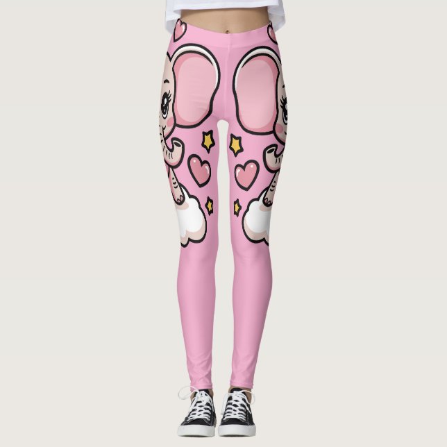  Cute Flying Pink Elephant Whimsical Stars &hearts Leggings (Front)