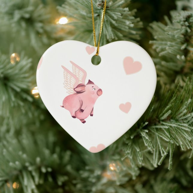 Cute Flying Pink Pig with Wings Ceramic Ornament (Tree)