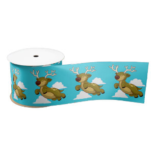 Cute Flying Reindeer with White Clouds Satin Ribbon