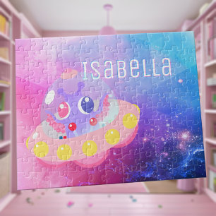 Cute Flying Saucer Space Alien Pink Blue Girl Name Jigsaw Puzzle