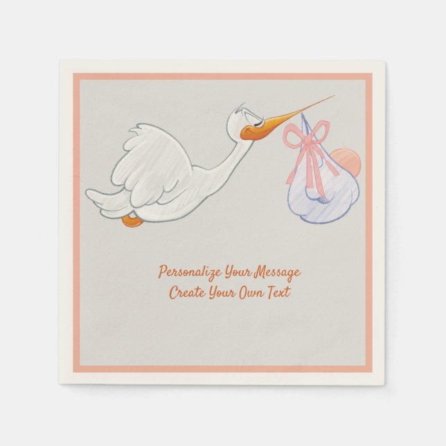 Cute Flying Stork with Pink Baby Bundle Napkin (Front)