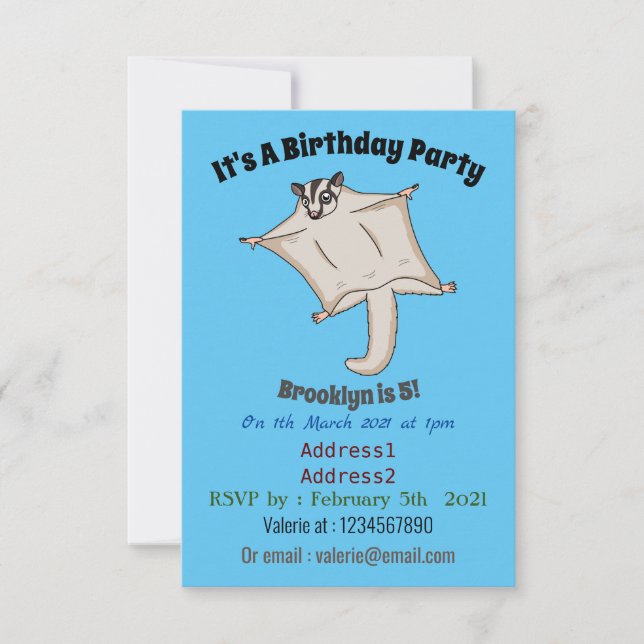 Cute flying sugar glider cartoon illustration invitation (Front)
