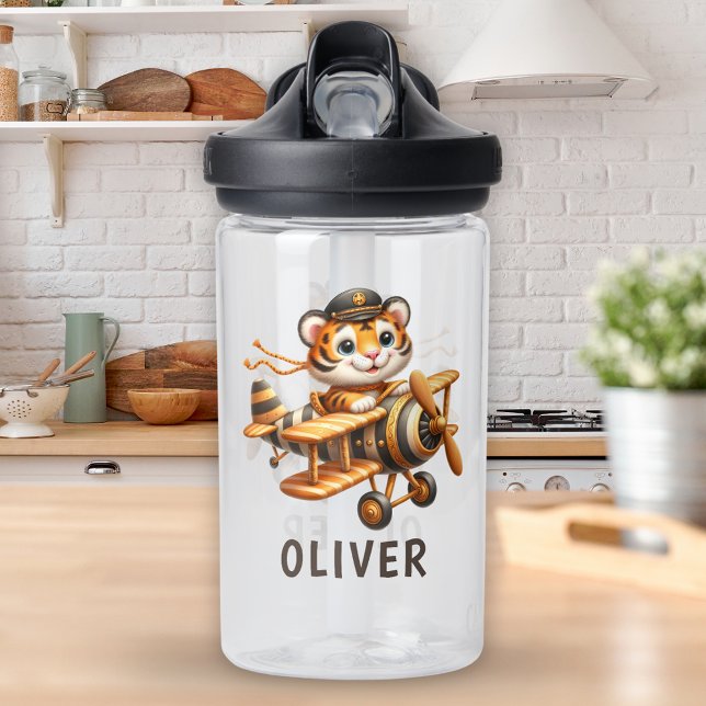 Cute Flying Tiger Kid on a Plane Water Bottle (Creator Uploaded)