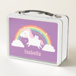 Cute Flying Unicorn and Rainbow Girls Personalised Metal Lunch Box
