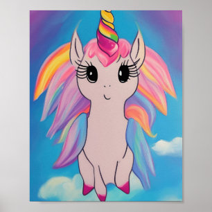 Cute Flying Unicorn Kawaii Painting Poster