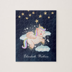 Cute Flying Unicorn Night Sky Navy Blue Name Jigsaw Puzzle