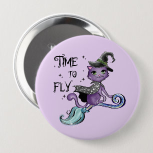 Cute Flying Witch Cat   Time To Fly 10 Cm Round Badge