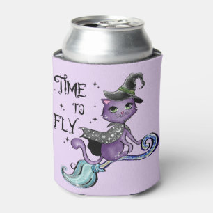 Cute Flying Witch Cat   Time To Fly Can Cooler